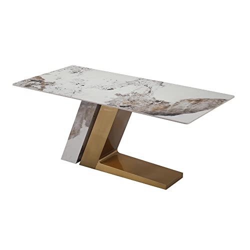71” Marble Top Dining Table, Metal Frame Furniture Kitchen Table For 6, Sintered Stone Pandora Dinner Tabletop, Stainless Steel & Stone Slate Base Dinner Table For Dining Room (1 Pc Table(Tl Shape)) #TOP6