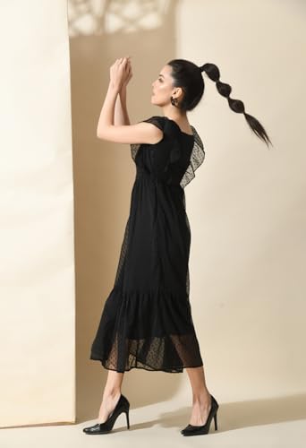 Image of IUGA Georgette Jacquard Butti Square Neck Knee Length Western Dresses for Women (69 Dress Black L)