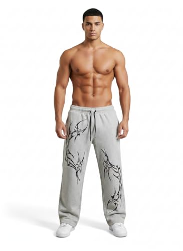 Image of Aesthetic Gothic Wide Leg Pants for Men | Tribal Print Baggy Streetwear | Oversized Track Pants with Elastic Waist | Black and White Relaxed Fit Bottoms
