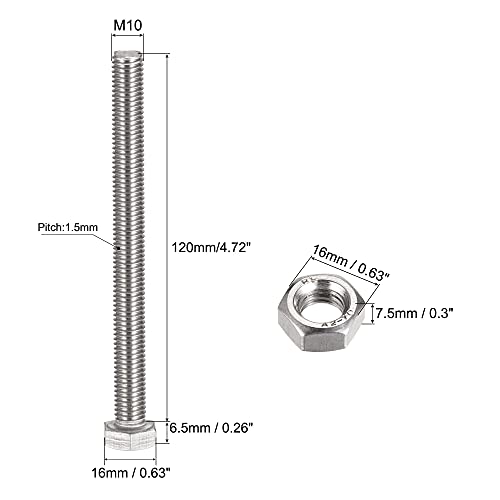 Image of uxcell M10 x 120mm Hex Head Screws Bolts, Nuts, Flat & Lock Washers Kits, 304 Stainless Steel Fully Thread Hexagon Bolts 6 Sets