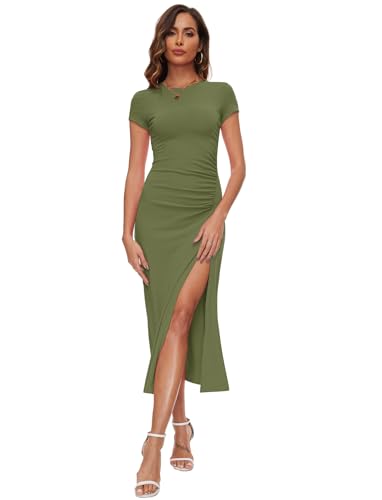 Image of NOVANDO Casual Short Sleeve Ruched Cotton Bodycon Midi Dress for Women 2024 Summer Crew Neck Party Club T Shirt Dress