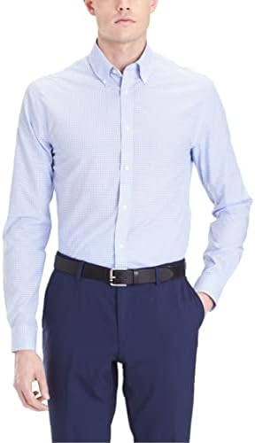 Tommy Hilfiger mens Slim Fit Non Iron Gingham Dress Shirt, Clear Water, 16.5 Neck 34 -35 Sleeve US