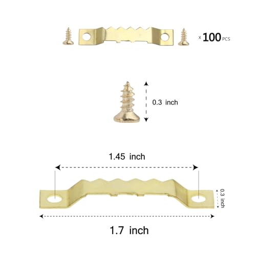 Image of 100 Pack Heavy Duty Sawtooth Picture Hangers with 200 Screws Gold Small Sawtooth Hangers for Picture Frames, Paintings, Artwork, Photos, and Home Decor Gold Sawtooth Picture Frame Hangers