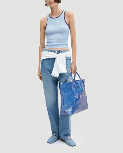 Image of Lushandy Striped PVC Tote Bag for Women, Waterproof Plastic Tote Bag for Beach Pool Large Top Handle Travel Hobo Handbag