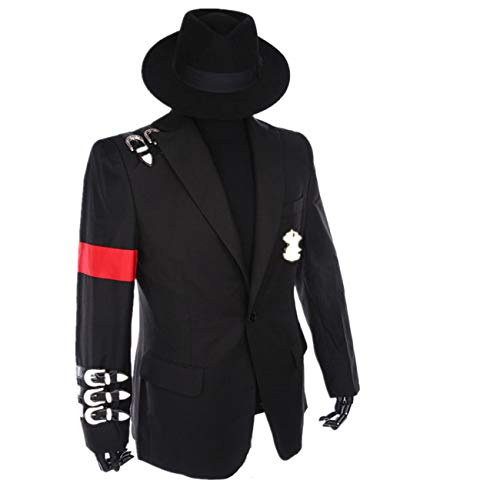 Shuanghao Michael Jackson Professionelle Cosplay Michael Jackson Kostüm Retro Punk Stil Schwarze Jacke Anzug Abzeichen (Geben Schwarze Hüte) (3XL: H 185-190cm)