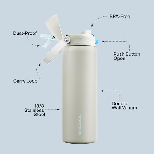 Image of Insulated Water Bottle with Straw - Encool Stainless Steel Water Bottle with Push Button Lid, Leak-Proof & BPA-Free, Keeps Cold for 24 Hours for Sports, Travel, Gym (32 oz, Kangaroo Grey)