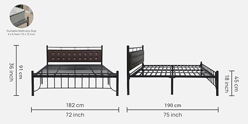 Image of Zuno Metal King Size Bed Without Storage | Wrought Iron Double Bed with Headboard & Footboard | Sturdy Powder Coated Platform Bed King Size Cot for BedroomLivingRoom Black (75x72)