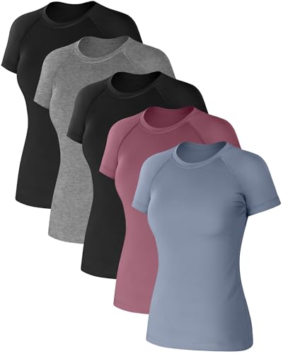 Coume 5 Pack Women's Compression Shirts Short Sleeve Workout Tops Crew Neck Athletic T Shirts Yoga Running Tight Tee
