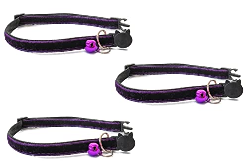 Velvet Cat Collars with Bell. Safe Breakaway Quick Release Buckle. Available in Cat & Kitten Size (Pack of 3) (Cat Collar (20cm