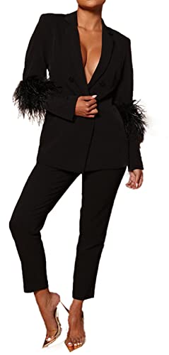 Hotheart Womens Sexy 2 Pieces Solid Color Button Feather Blazer Suit Pants Set Casual Tracksuit Suits Set