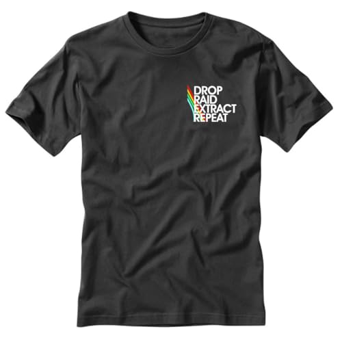 Drop Raid Extract Repeat Gaming T-Shirt, Black, Short Sleeve, Left Chest Print, Soft Stylish Fit, Arc Raiders Theme (US, Alpha, Medium, Regular, Regular, Black)