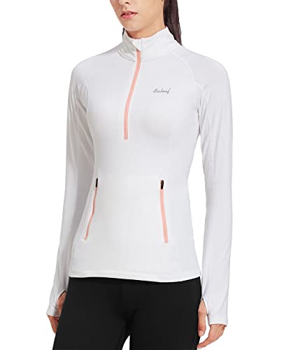baleaf Women's Thermal Fleece Pullover Half Zip Thumbholes Long Sleeve Running Workout Athletic Shirts Hiking Tops Fitted White XS