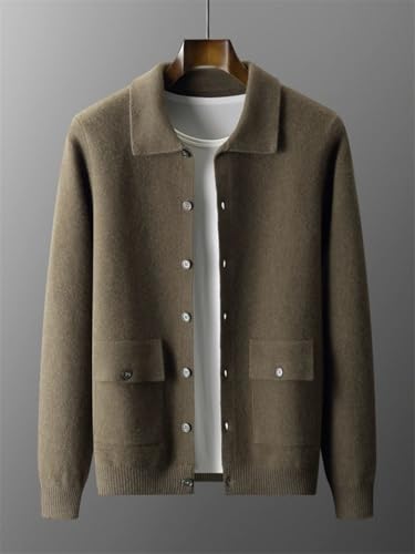 Men's Cashmere Sweatercoat Buttoned Cardigan Polo Collar Wool Knitwear Pocket Soft Casual Top Olive EN8 S3
