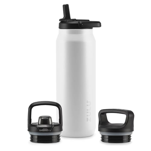 Image of ZULU Base 40oz Stainless Steel Water Bottle with 3 Lids- Straw, Chug, Twist | Double Walled and Vacuum Insulated Metal Thermos | For Gym, Outdoor | Built in Carry Loop, Dishwasher Safe, White