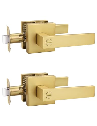 Tinewa 2 Pack Heavy Duty Gold Square Privacy Interior Door Levers, Satin Brass Finish, Bedroom and Bathroom Door Handles Keyless Bed/Bath Lockset