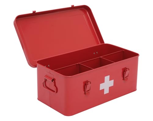 Image of First Aid Box Empty, Metal Medicine Box with Safety Lock, Medical Storage Organizer, First Aid Kit Supplies Organizer for Emergency Set (Red)