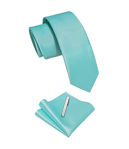 Image of YourTies Skinny Ties for Men Satin 2.4 inch Slim Necktie with Pocket Square Tie Clip Set Solid Color Wedding Party Business