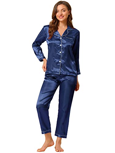 Allegra K Conjuntos de pijama de manga larga ropa de dormir botón abajo suave traje de noche femenino Pj Lounge Sets, Azul oscuro, XS