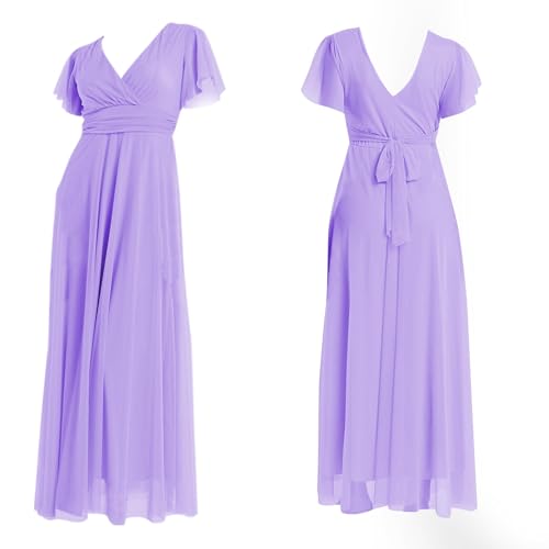 VALORIALUXE Vestido largo elegante para mujer con mangas volantes y cuello en V – Vestido de ceremonia fabricado en Italia, Lila., Talla única