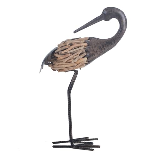 YOUUGIOR Decorative Metal Crane Bird Garden Statue, Rustic Brown Finish Sculpture, Driftwood-Style Body Figures for Home Decoration Yard Art