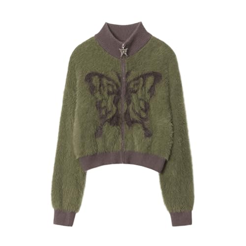 Women's Mohair Stand up Collar Sweater Cardigan Autumn and Winter Butterfly Embroidery Zipper Sweater