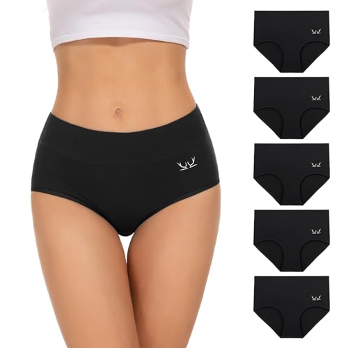 TANSTC Bragas Mujer Algodón Elástico Culotte Cintura Alta Ropa Interior Cómodas y Suaves Pack de 5, Bragas Sin Costuras Mujer, Paquetes Múltiples, Negro, XS