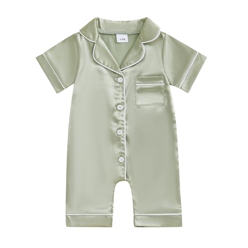 MAINESAKA ​Baby Girl Boy Satin Romper Pajamas Short Sleeve Lapel Button Down Silk Jumpsuit Pjs Infant One Piece Sleepwear