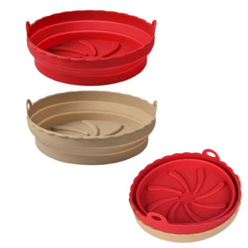 2 Stück Silikon Airfryer Pot Rund Faltbar,Heißluftfritteuse Zubehör für Heißluftfritteuse,Wiederverwendbare Air Fryer Liner, Antihaft, Ölfest, Wasserdicht für Ofen Mikrowelle(braun + rot) Cover