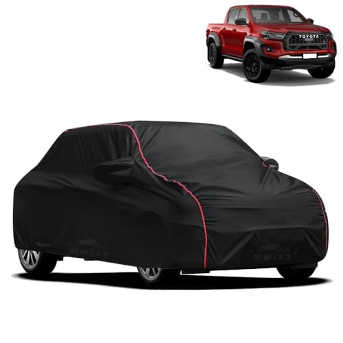 Image of Waterproof Car Cover for Toyota Hilux | All-Weather Protection, Dustproof & UV Resistant | Triple Stitched Mirror Pockets, Windproof Buckle Strap with Elastic Hem, Black-Red Piping