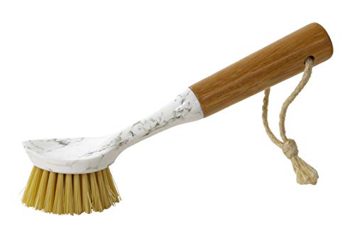 Bellasera Cleaning Collection Dish Brush with Built-in Food Scraper Featuring Upscale Marble Detailing & Mildew-Resistant Bamboo Handles