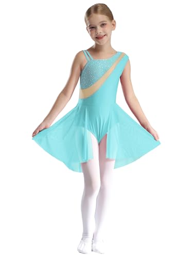 Jhaoyu Vestido de ballet sin mangas para niña, vestido de patinaje artístico con falda de tul, vestido de bailarina, vestido de baile latino, moderno, lírico, vestido de danza, azul verde, 158-164