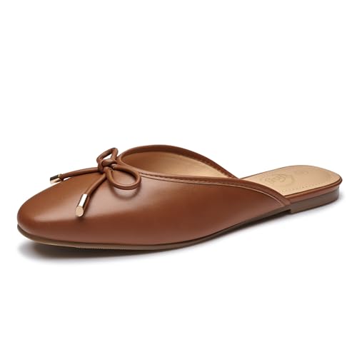 Trary Mules for Women 2025, Womens Mules Slip on Comfortable Bow Pointed Toe Womens Loafers, Backless Flats Mules Shoes for Women with Knot Brown