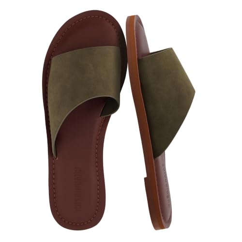 CUSHIONAIRE Carly Slide Sandals for Women with Memory Foam, Olive Vegan Suede 6