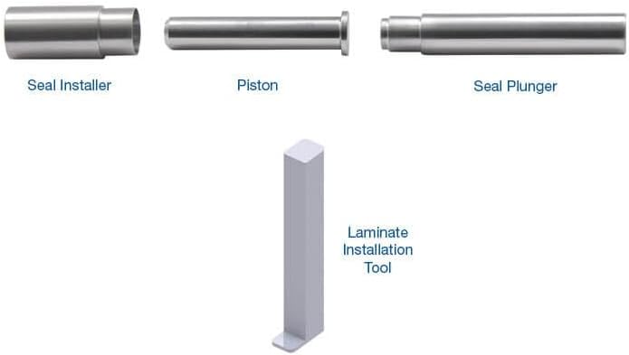 Sonnax 124740-TL70 Pressure Switch Rebuild Tool Kit Components labeled: Seal Installer, Piston, Seal Plunger, and Laminate Installation Tool.
