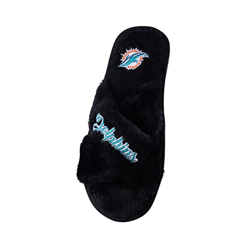 Image of FOCO Womens NFL Team Script Wordmark Fuzzy Cross Slide Slippers