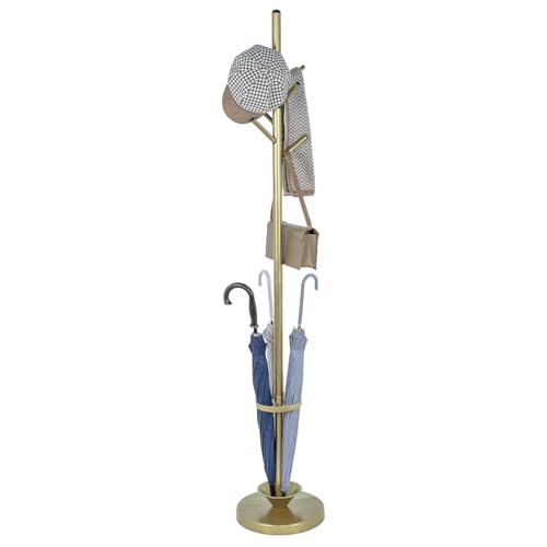 MyGift Perchero independiente, moderno organizador de sombreros de metal en tono latón, soporte para árbol y paraguas con 6 ganchos para colgar ropa, bolso, chaqueta