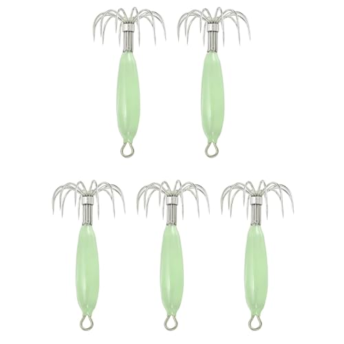 ccsxqy Squid Jig 12g Glow in The Dark - 5PCS Saltwater Fishing Lures with 12 Stainless Steel Needles Luminous Cuttlefish Bait Hooks for Night Sea Fishing Green