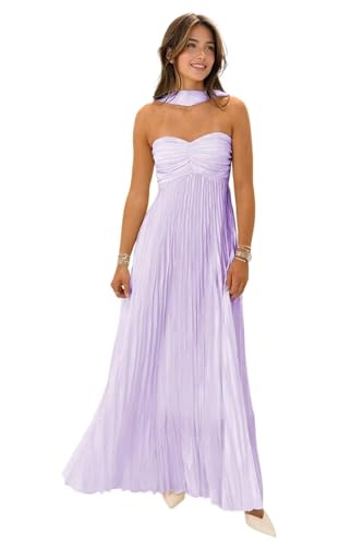 Strapless Pleated Prom Dresses for Women Chiffon Bridesmaid Dress with Scarf Ruffles Formal Wedding Guest Dress