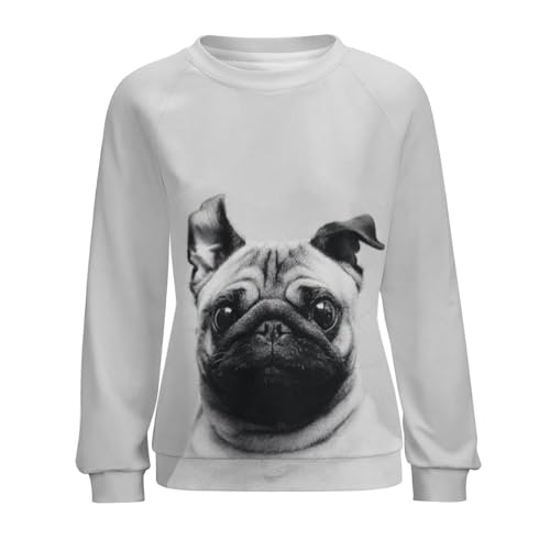 JZemdybill Lässiger Pullover für Damen, niedliches Mops-Sweatshirt für Damen, Rundhalsausschnitt, lange Ärmel, niedlicher Mops, Süßer Mops., 50