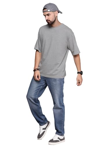 Image of LEOTUDE Half Sleeve Oversized Tshirt for Men, Round Neck Cottonblend Drop Shoulder Solid T-Shirt (Color Multicolor)