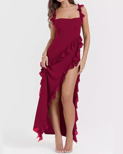 Image of houstil Women's Casual Summer Dress Strap Ruffle Beach Party Maxi Cocktail Evening Holiday Wedding Guest Dresses