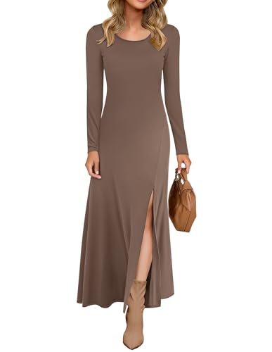 AUSELILY Vestido Largo de Manga Larga con Abertura para Mujer Marrón L