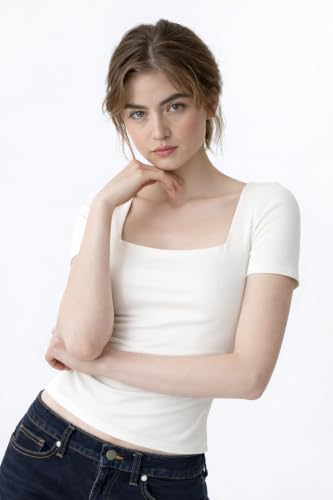Image of SIGHTBOMB SOFTLINE SQUARE NECK DOUBLE LAYER SHORT SLEEVE MICROFIBER CUDDLE TEE AFFORD LUX EDITION FEATHER TOUCH TOP FOR WOMEN