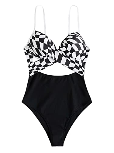 Shein Women's Cutout One Piece Swimsuit Plaid Criss Cross Cut Out Push Up Tummy Control Swimwear Bathing Suit Black And White Large #TOP12