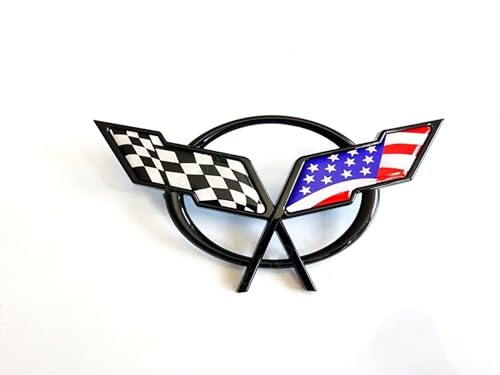 Image of 1Pc Corvette C5 Front Nose Cross Flags Emblem 3D Badge Nameplate Sticker Decal 19207384 Fit for 1997-2001 Corvette Crossed Flags (Front - w /Alignment Pins) (US Flag-Black /Blue)