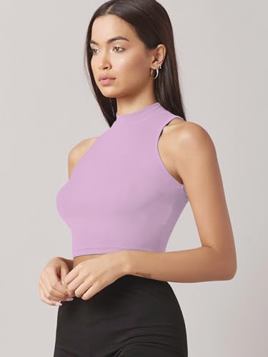Image of Sugathari Women's & Girls' Solid Ribbed High Neck Sleeveless Crop Tops for Women (Top 37)