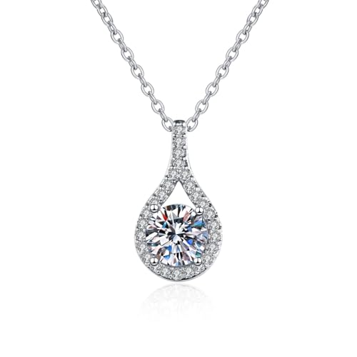 Homxi Colgante Oro Blanco 14 Kilates Mujer, Gota de Agua y Redondo con Diamante Creado y Moissanita, Collar Colgante Plata de Mujer