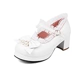  100junzidao Chaussures à Talons Hauts Lolita pour Femmes avec nœud en Perle et Volants Bouche Petite et Douce Parking Chaussures élégantes de fée pour la fête du thé Blanc 38