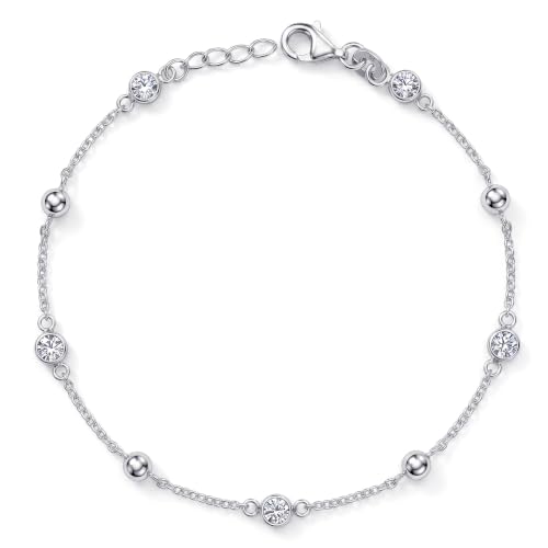 Image of TRUESILVER ACPL 925 Sterling Silver CZ Beaded Chain Bracelet for Women | Cubic Zirconia and Ball Bead Station Bracelet | Elegant Silver Jewelry for Women