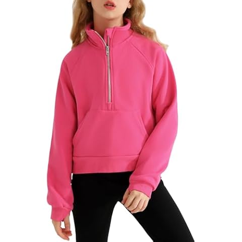 Adarl Girls Sweatshirts Half Zip Cropped Hoodies for Girls Stand Collar Fall Pullover with Pockets Thumb Hole 7-14Y Hot Pink Cover